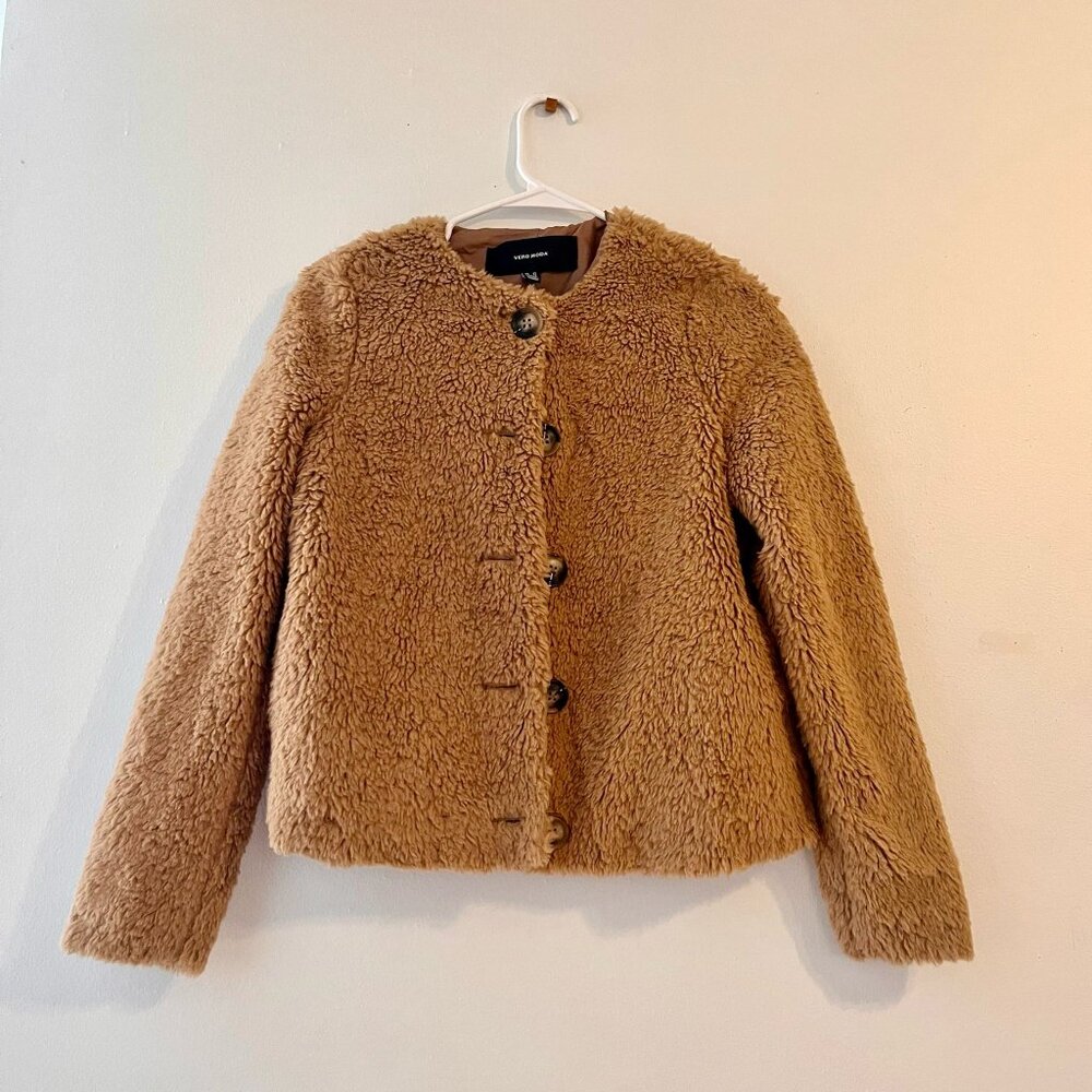 Vero Moda "Amanda" Tan Short Faux Fur Teddy Jacket Sz XS